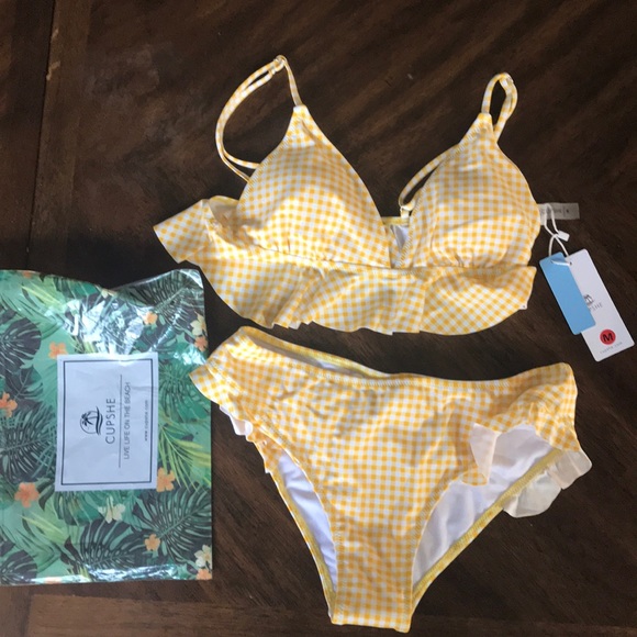 cupshe yellow gingham ruffle bikini